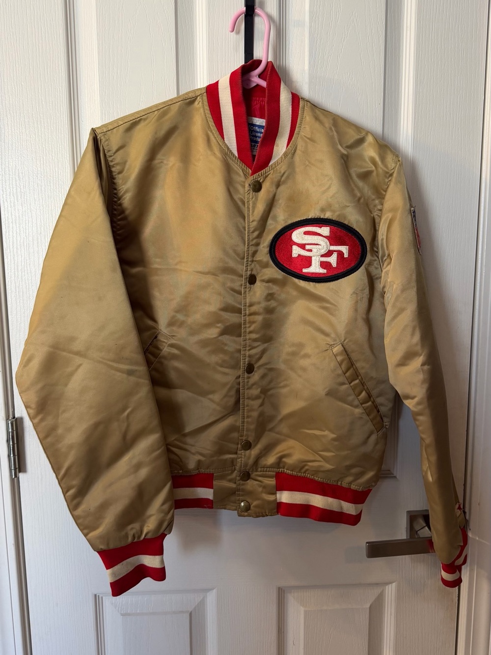Vintage STARTER Gold Satin Bomber Jacket with Red & White Trim NFL